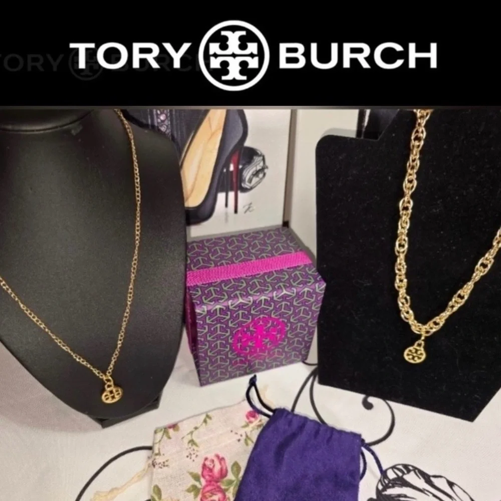 2 TORY BURCH Charms Upcylcled on Unbranded Necklaces w/Gift Box & Dust Bags, EUC
